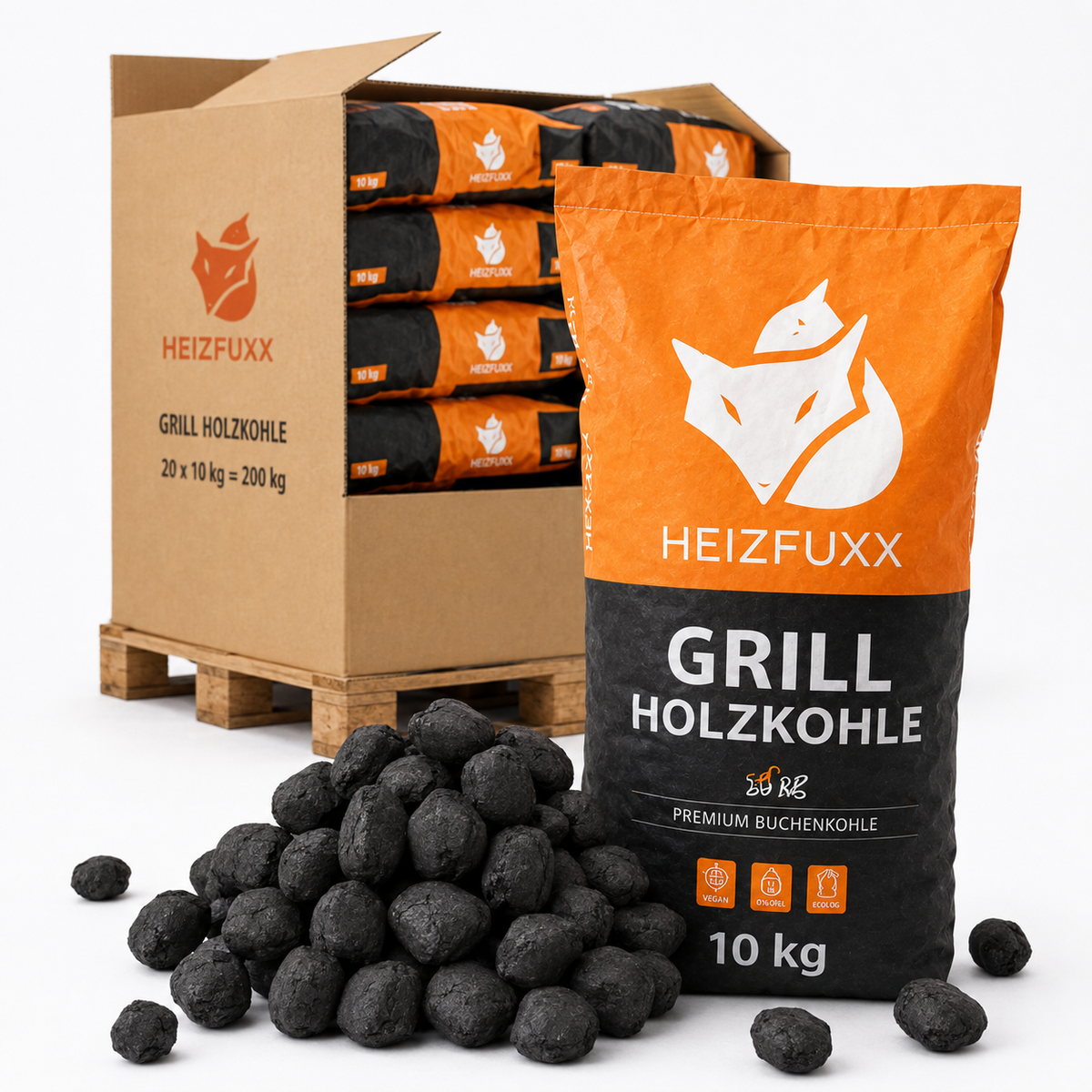 Heizfuxx Grillholzkohle in Gastro-Qualität 10kg x 12 Sack 120kg Palette