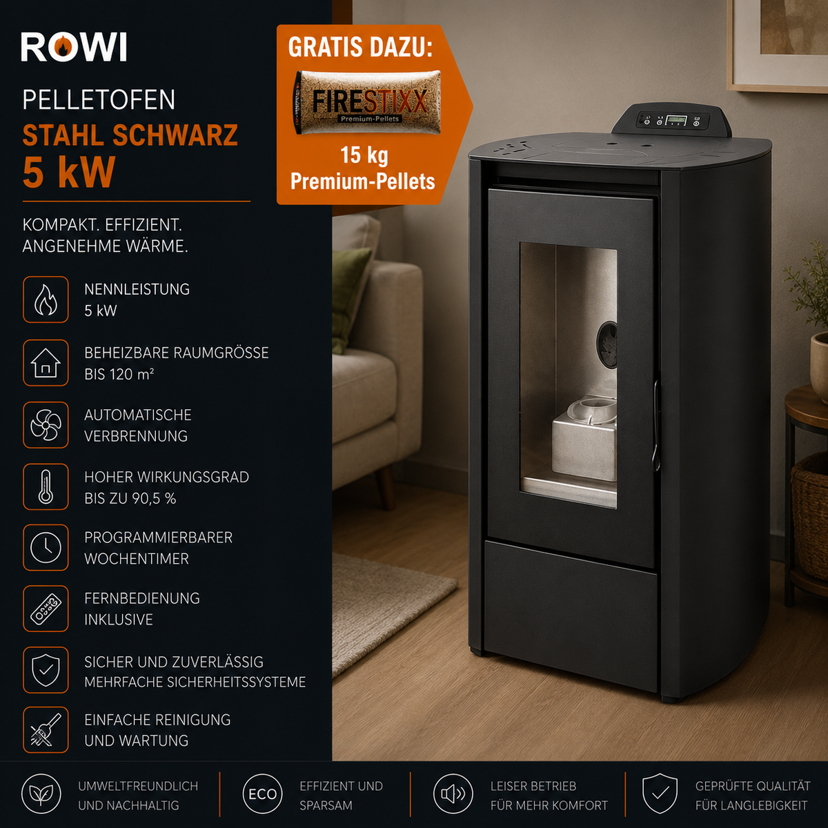 Rowi Pelletofen Stahl Schwarz 5 kW