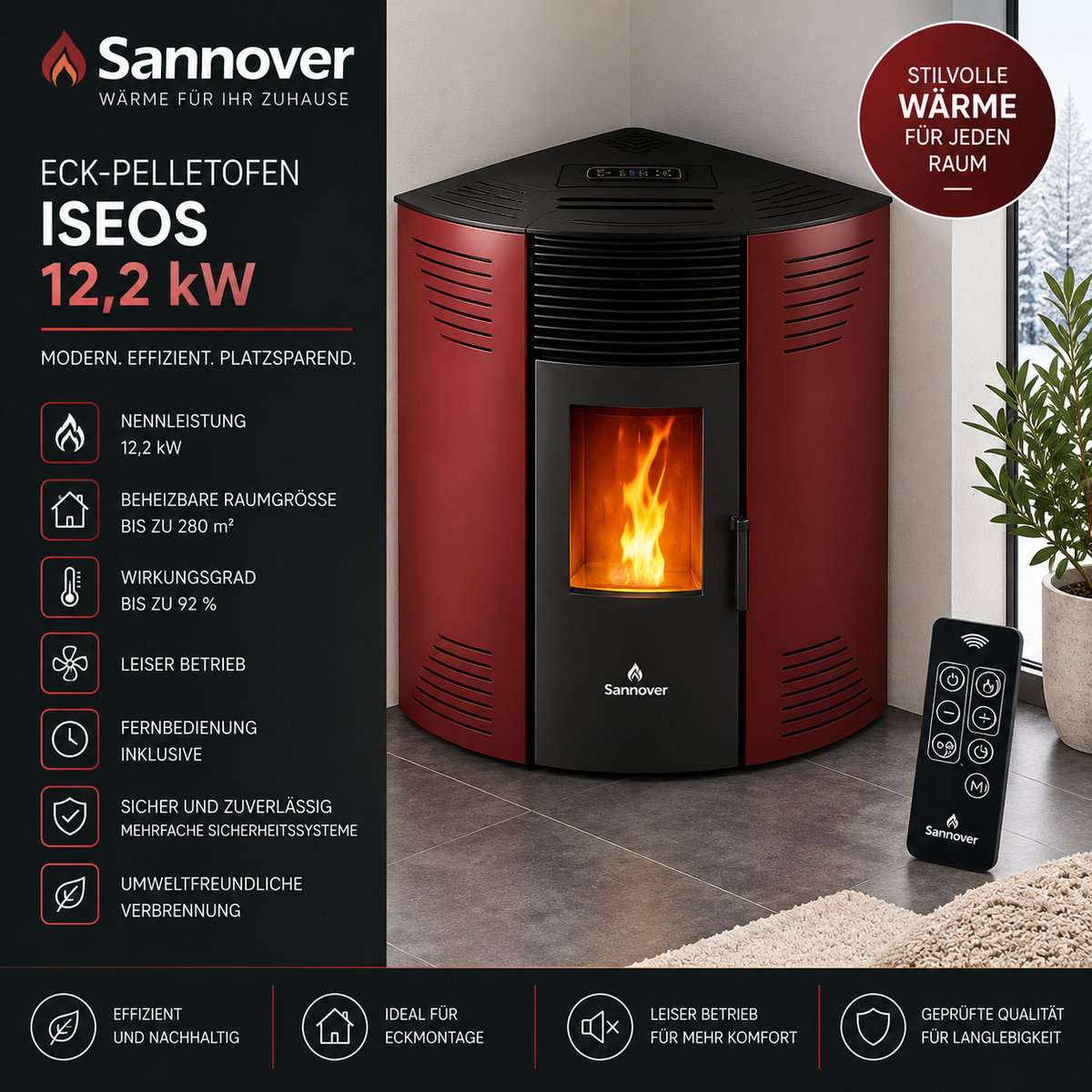Sannover Eck-Pelletofen Iseos 12,2 kW Bordeaux