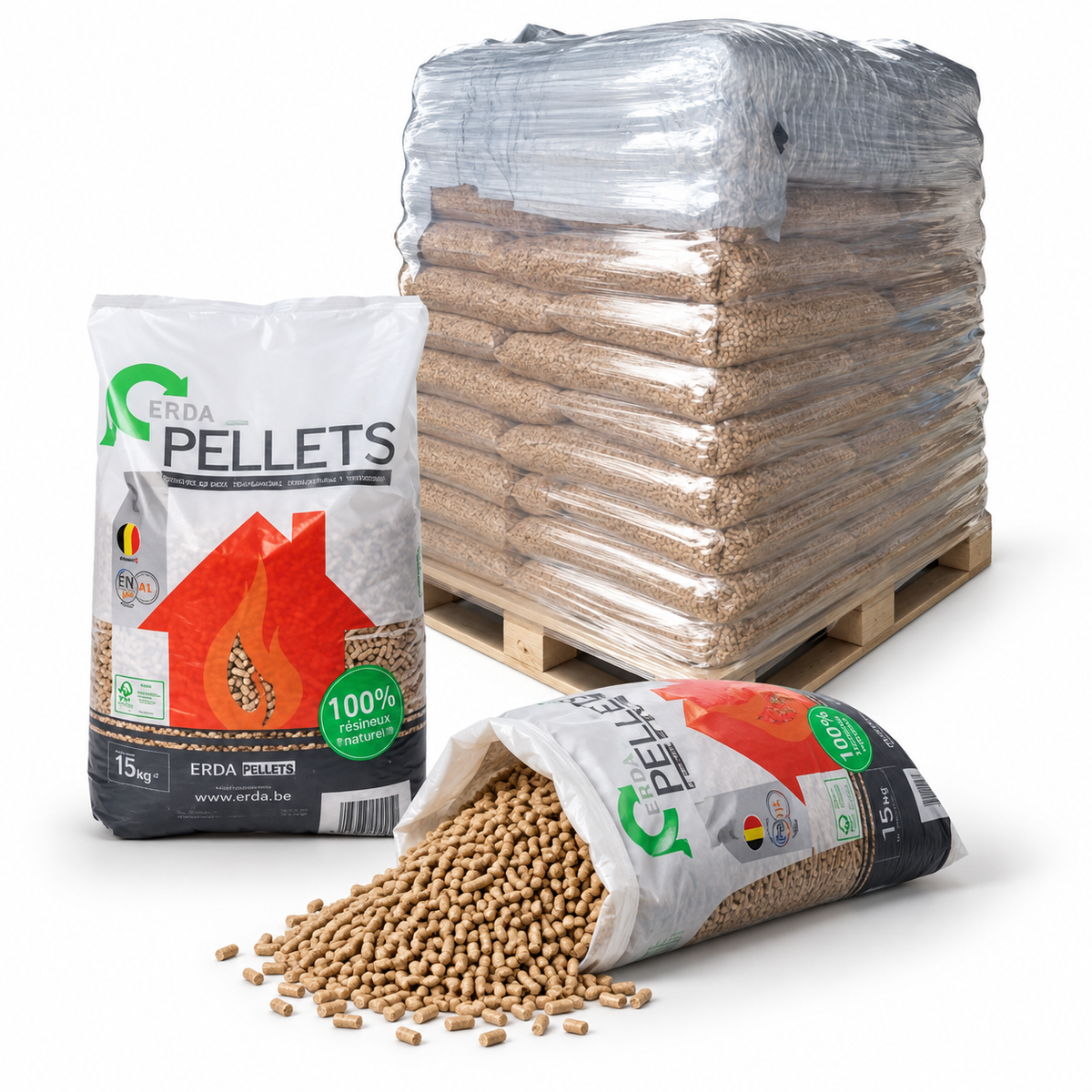 ERDA Holzpellets – 65 × 15 kg Palette (975 kg) – 100 % Nadelholz, ENplus A1