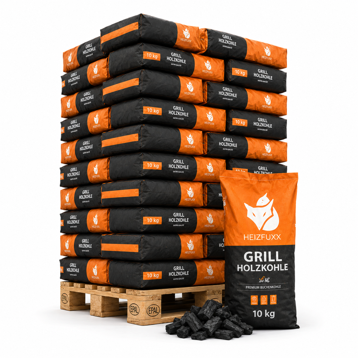 Heizfuxx Grillholzkohle in Gastro-Qualität 10kg x 36 Sack 360kg Palette