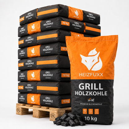 Heizfuxx Grillholzkohle in Gastro-Qualität 10kg x 36 Sack 360kg Palette