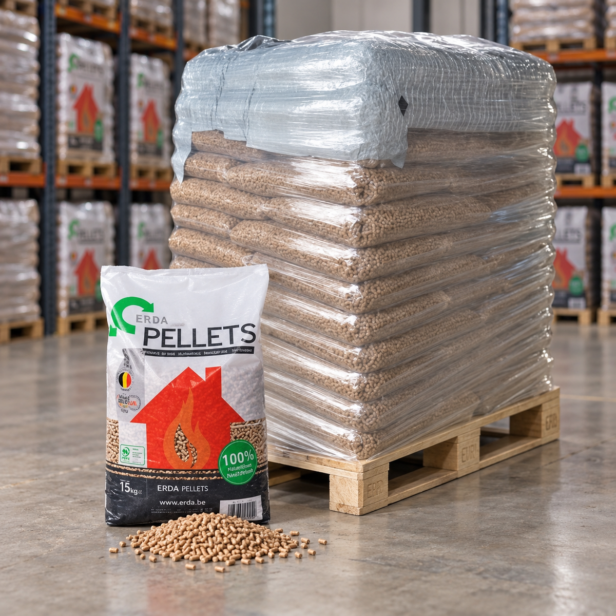 ERDA Holzpellets – 65 × 15 kg Palette (975 kg) – 100 % Nadelholz, ENplus A1