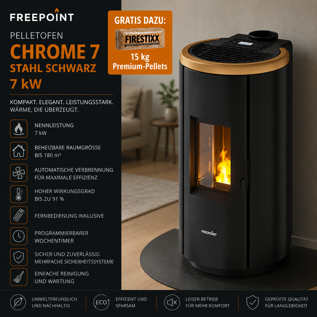 Freepoint Pelletofen Chrome 7 Stahl Schwarz 7 kW