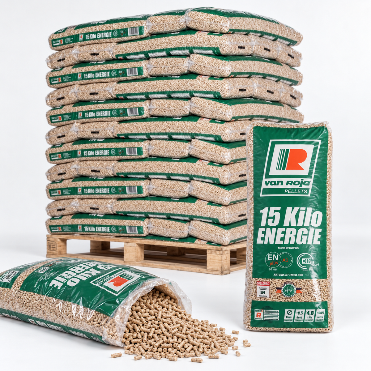 Van Roje Holzpellets – 65 × 15 kg Palette (975 kg) – 100 % Nadelholz, ENplus A1 & DINplus & PEFC