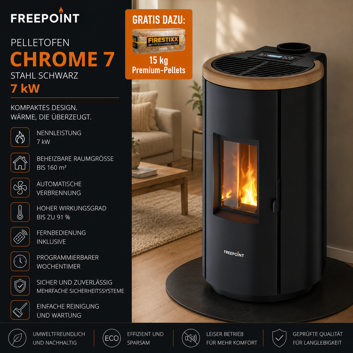 Freepoint Pelletofen Chrome 7 Stahl Schwarz 7 kW
