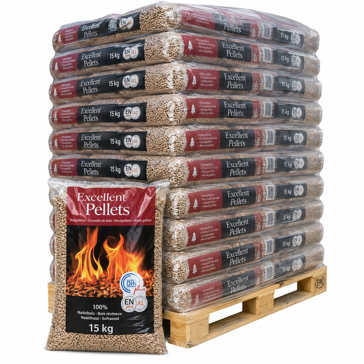 Excellent Holzpellets – 77 × 15 kg Palette (1.155 kg) – 100 % Nadelholz, ENplus A1 & DINplus